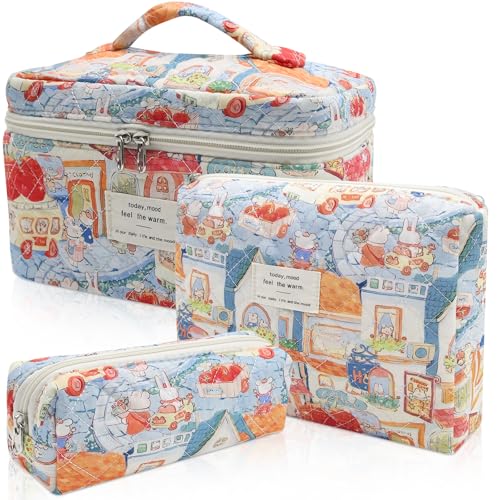 3pc Makeup Bag Set Quilted Makeup Bag Set Large Floral Cosmetic Bag for Women Cute Cotton Makeup Bags Flower Travel Toiletry Organizer Bag Rabbit Print
